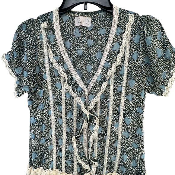 Y2K 213 Industry Dress M Green Floral Ruffled Lace Semi Sheer Boho Coquette - Picture 9 of 16